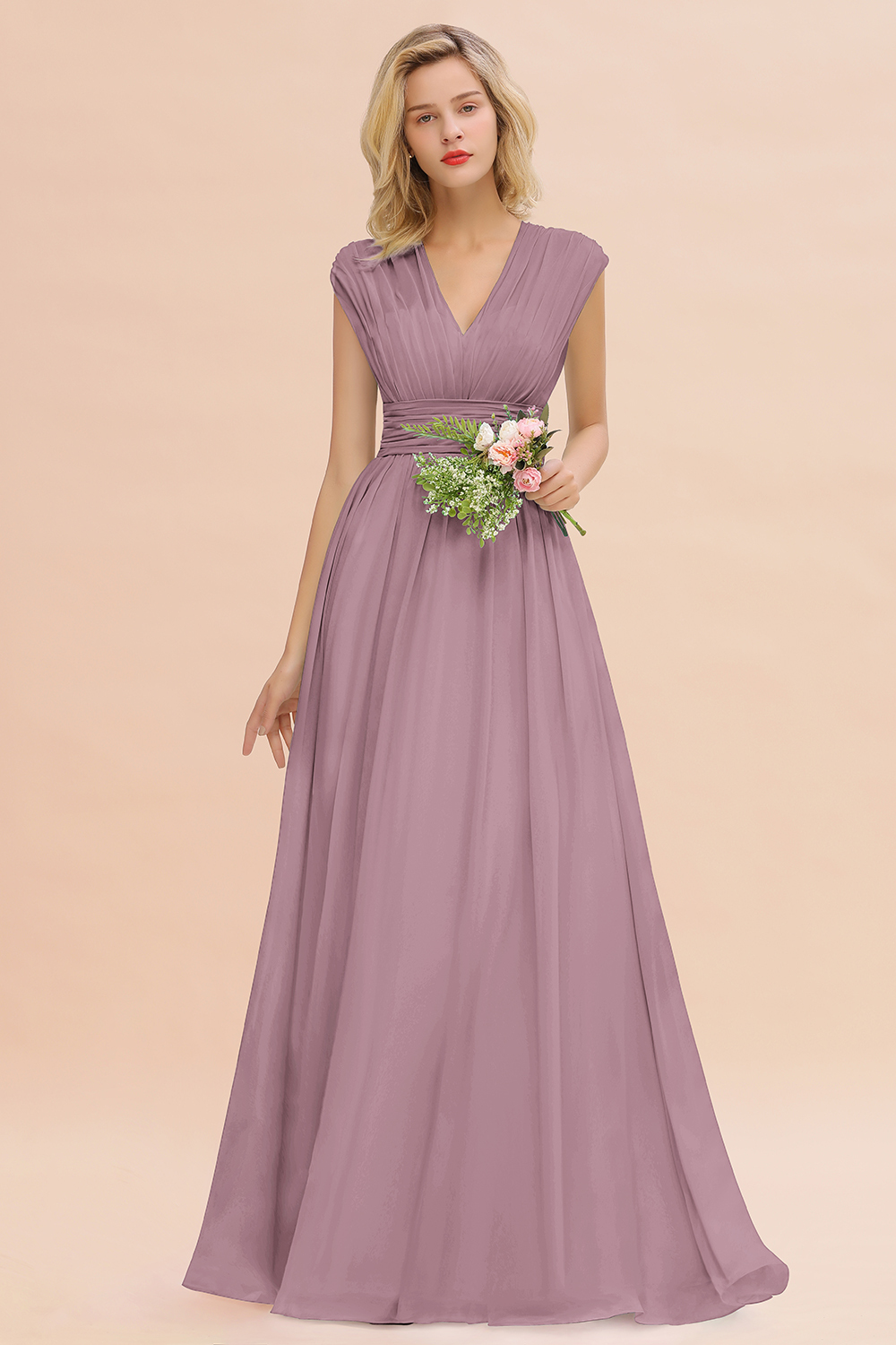 BMbridal Elegant Chiffon V-Neck Ruffle Long Bridesmaid Dresses Affordable-BMbridal