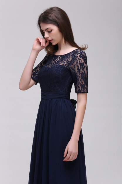 BMbridal Affordable Lace Scoop Dark Navy Bridesmaid Dresses with Half-Sleeves-BMbridal