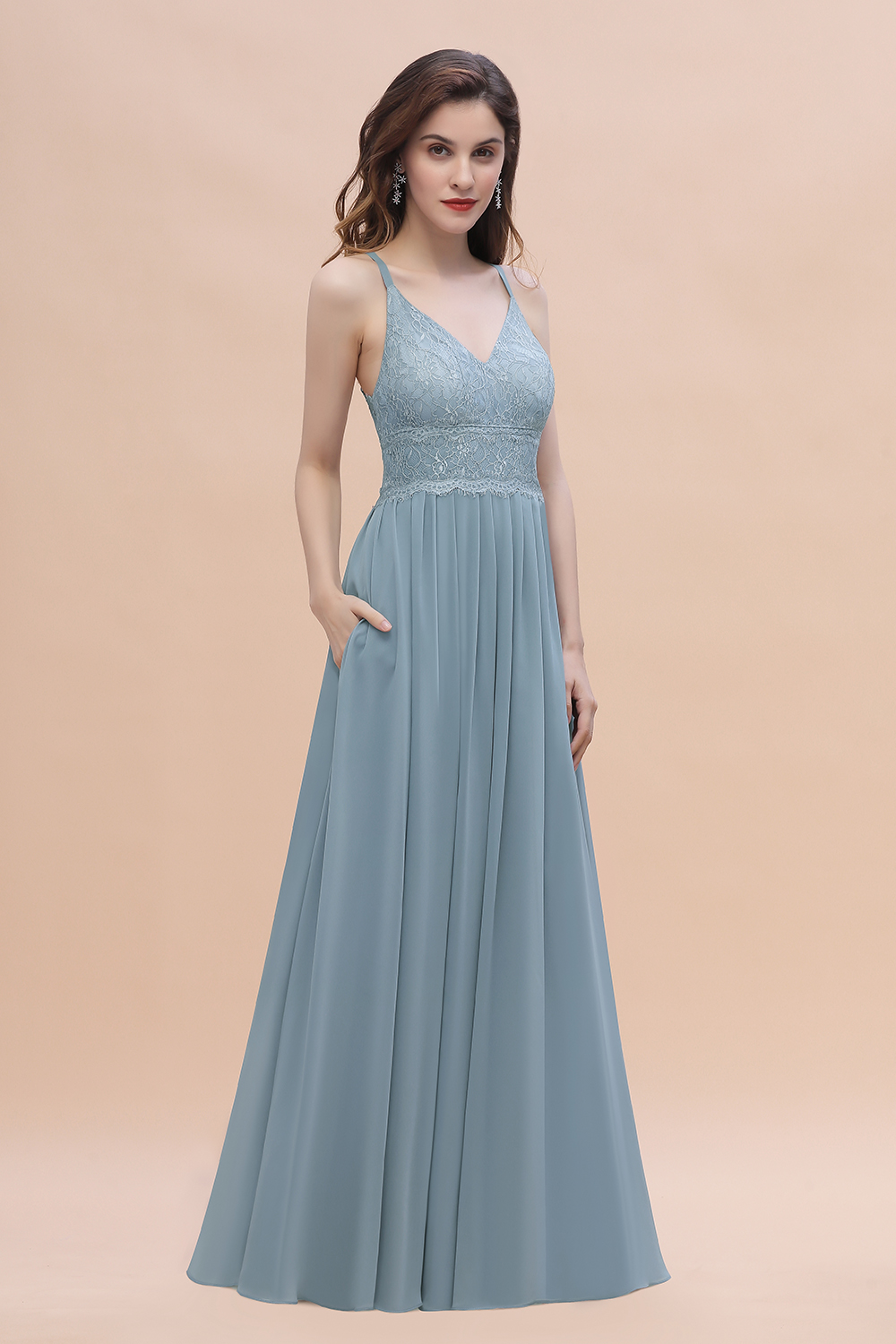 BMbridal Stylish Straps V-Neck Chiffon Lace Dusty Blue Bridesmaid Dress On Sale-BMbridal