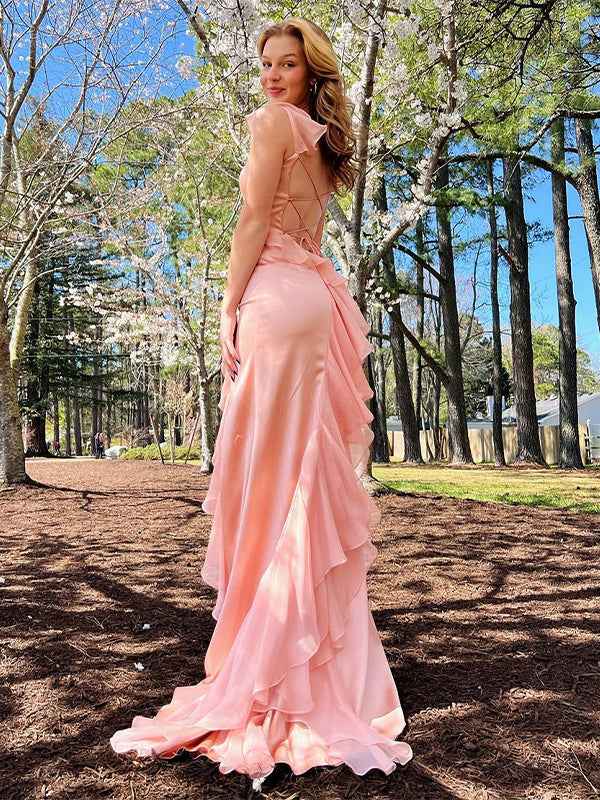 Blush Mermaid Spaghetti Straps Chiffon Long Prom Dress with Ruffles