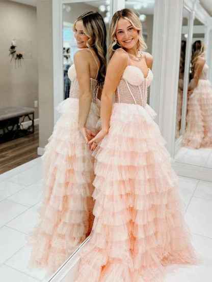 Pink A-Line Spaghetti Straps Tiered Tulle Long Prom Dress