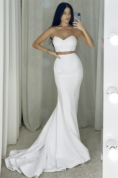 Glamorous White Two Pieces Strapless Sleeveless Long Mermaid Prom Dress