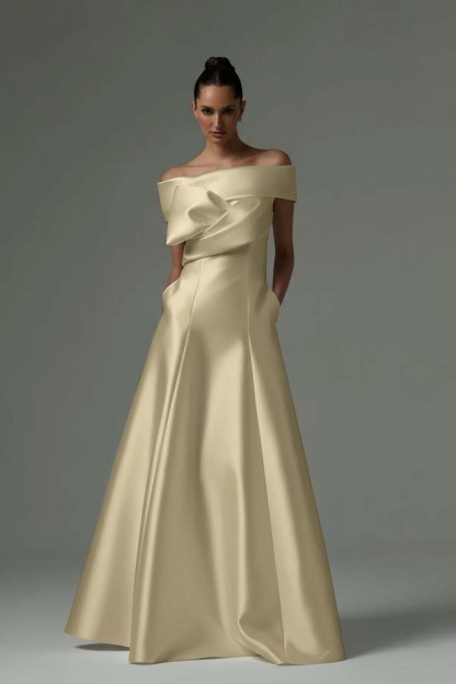 Off the Shoulder Sleeveless Long Prom Dress With Pleated Pocket