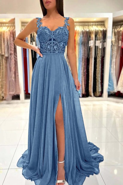 Straps Sleeveless Long A Line Split Prom Dress With Appliques