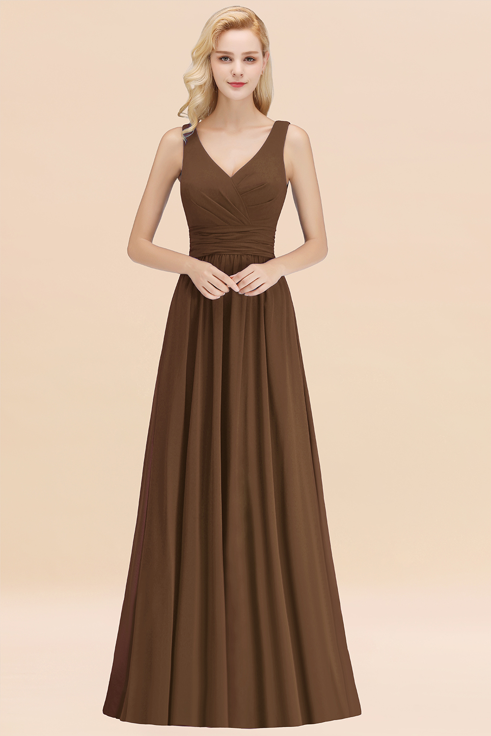 BMbridal Modest Sleeveless V-Neck Long Chiffon Bridesmaid Dress Online with Ruffle-BMbridal