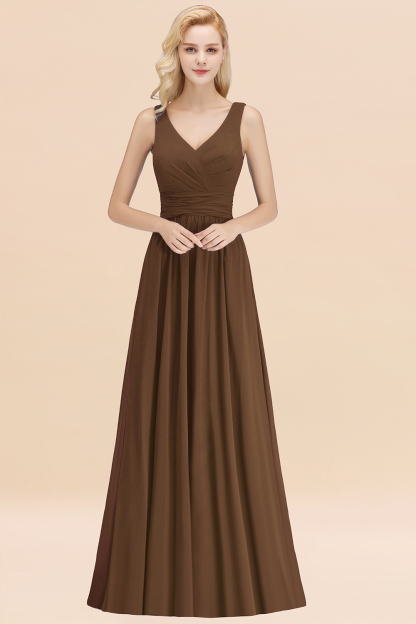 BMbridal Modest Sleeveless V-Neck Long Chiffon Bridesmaid Dress Online with Ruffle-BMbridal