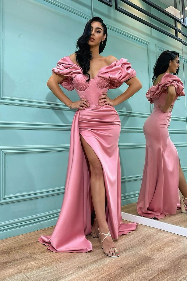 Pink Mermaid Off the Shoulder Sweetheart High Split Prom Dress With Pleated