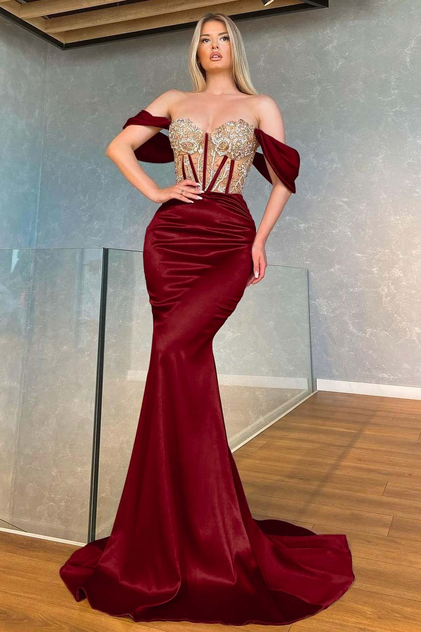 Stunning Pink Mermaid Off the Shoulder Long Prom Dress With Appliques