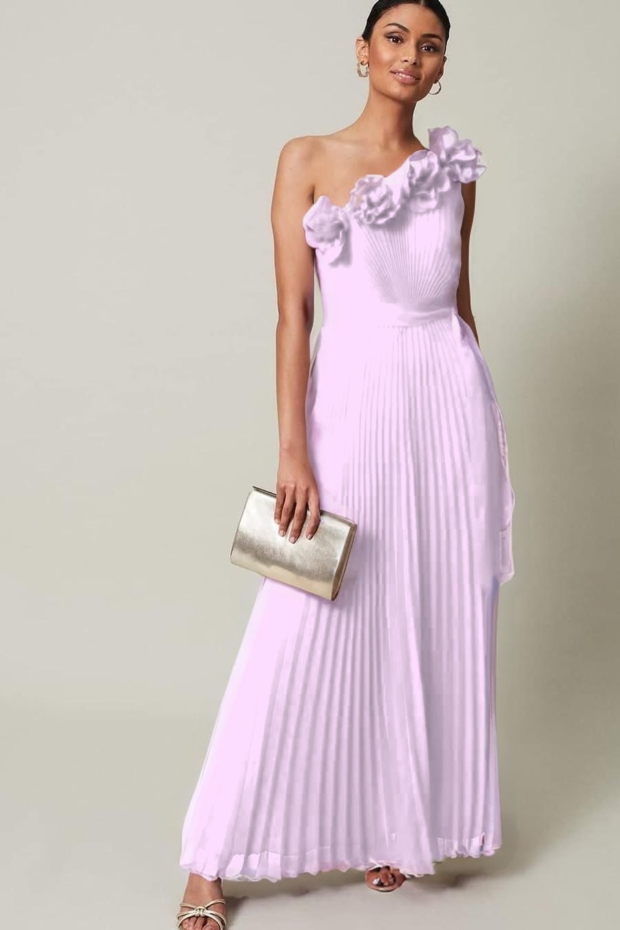 Chiffon One Shoulder Sleeveless Long Prom Dress With Pleated