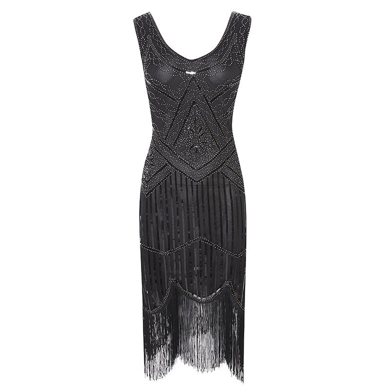 Vintage 1920s V-Neck Sheath Dress with Sequins for Costume Parties