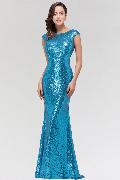BMbridal Shinny Sequined Long Mermaid Blue Affordable Bridesmaid Dress-BMbridal
