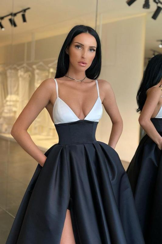 Black and White Spaghetti Strap V Neck Long Prom Dress With Front Split