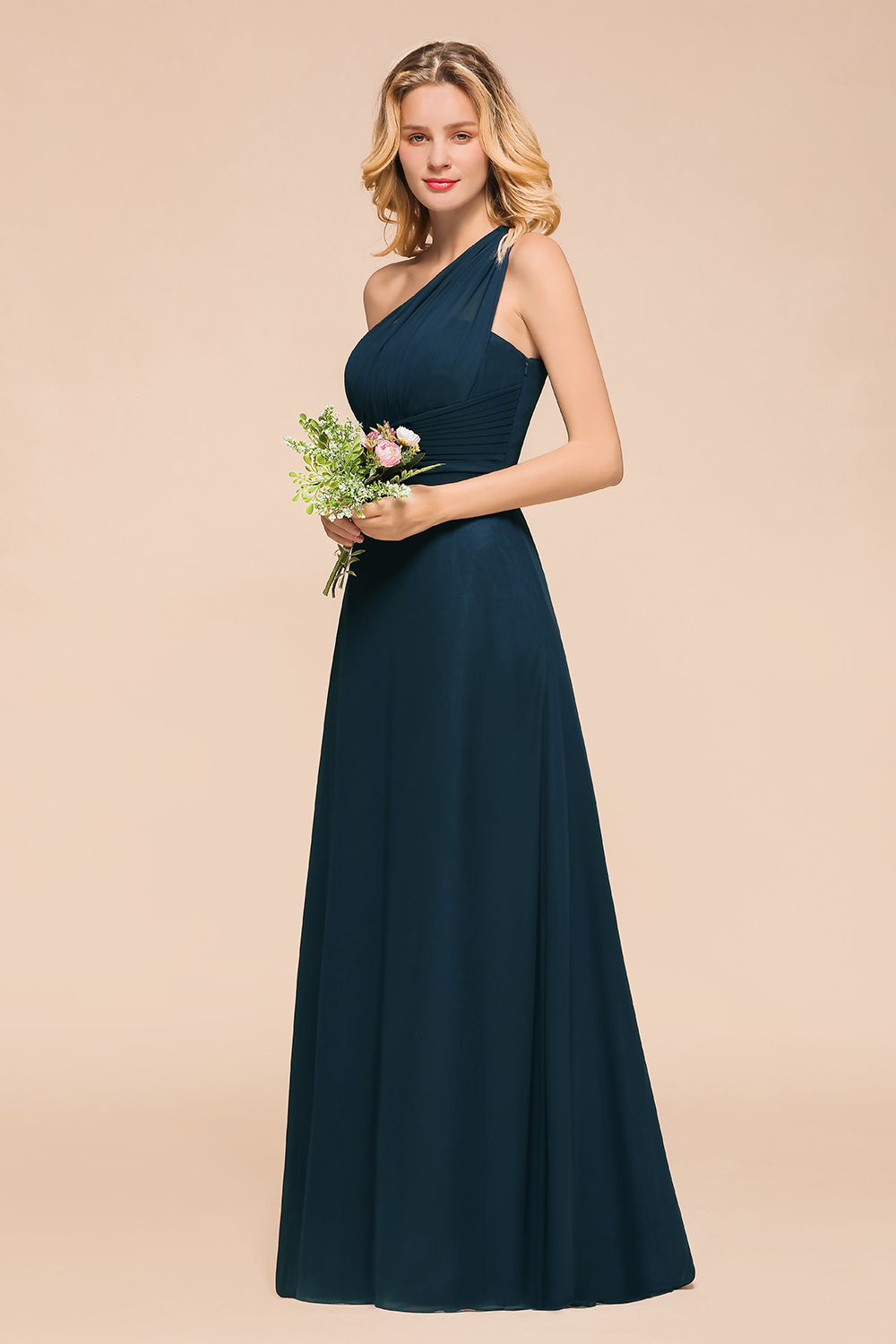 BMbridal Chic One Shoulder Navy Chiffon Bridesmaid Dresses with Ruffle-BMbridal