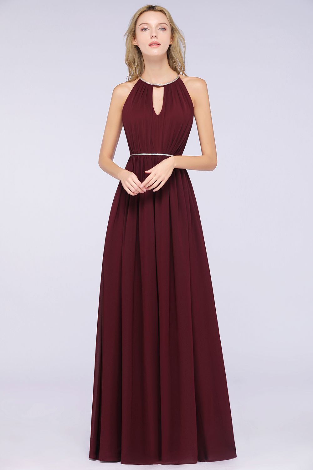 BMbridal Chic Burgundy Halter Long Backless Bridesmaid Dress with Beadings-BMbridal