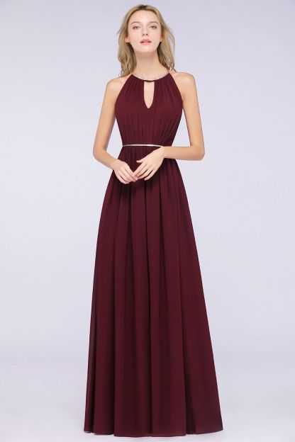 BMbridal Chic Burgundy Halter Long Backless Bridesmaid Dress with Beadings-BMbridal