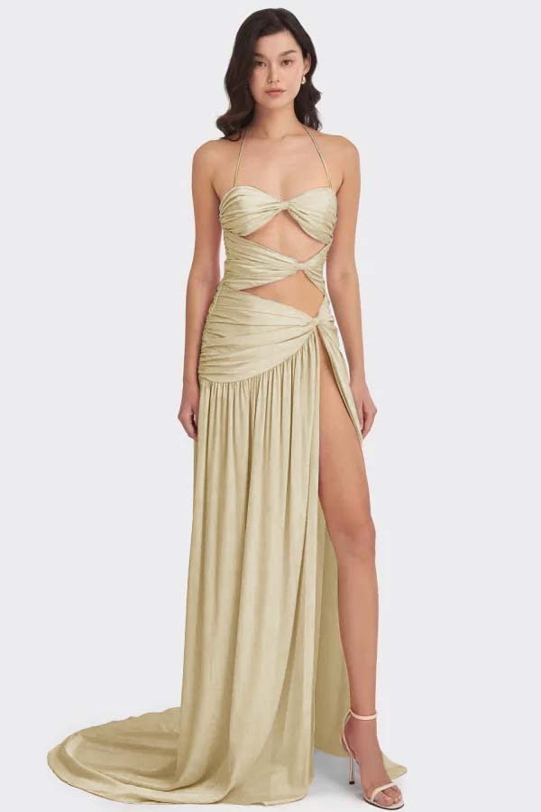 Chic Sleeveless Halter Long High Split Prom Dress With Pleated