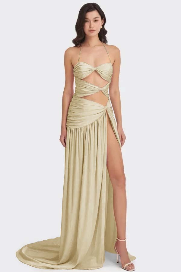 Chic Sleeveless Halter Long High Split Prom Dress With Pleated
