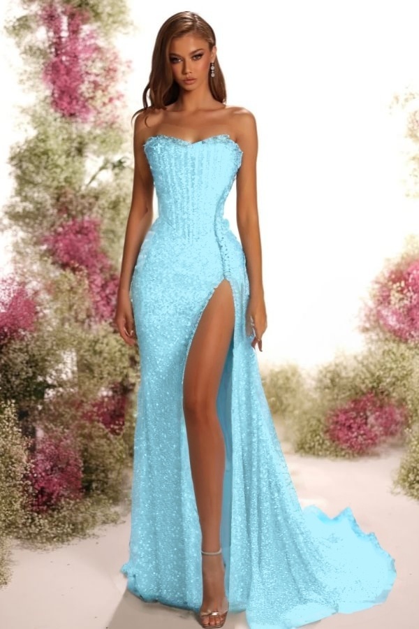 Strapless Sleeveless Long Split Prom Dress With Pleated Sequins