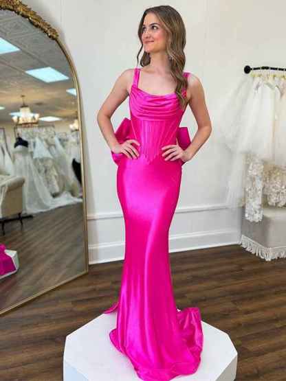 Fuchsia Mermaid Spaghetti Square Neck Sweep Train Prom Dress with Bow
