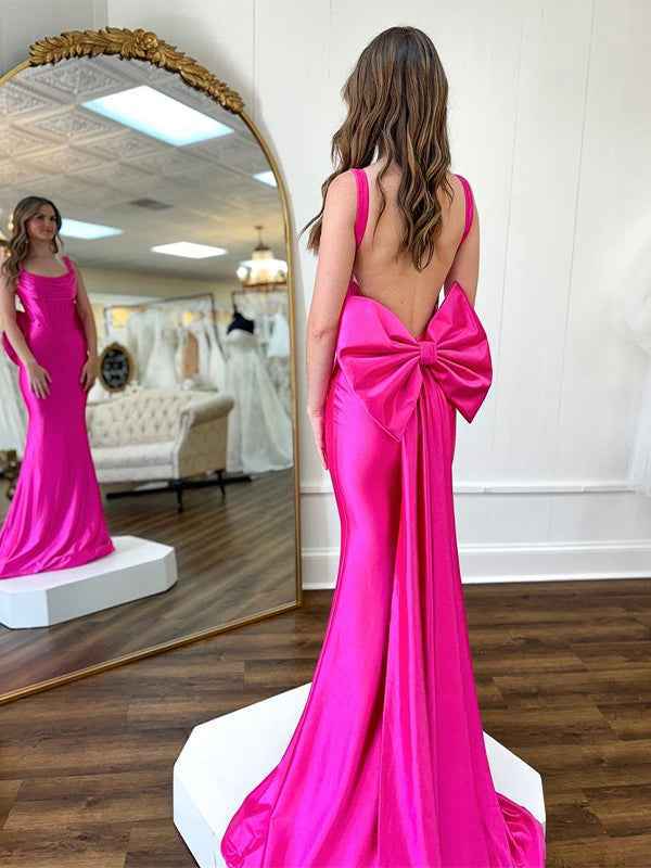 Fuchsia Mermaid Spaghetti Square Neck Sweep Train Prom Dress with Bow
