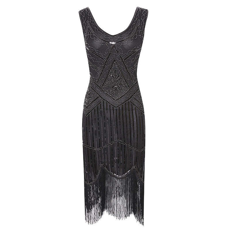 Vintage 1920s V-Neck Sheath Dress with Sequins for Costume Parties