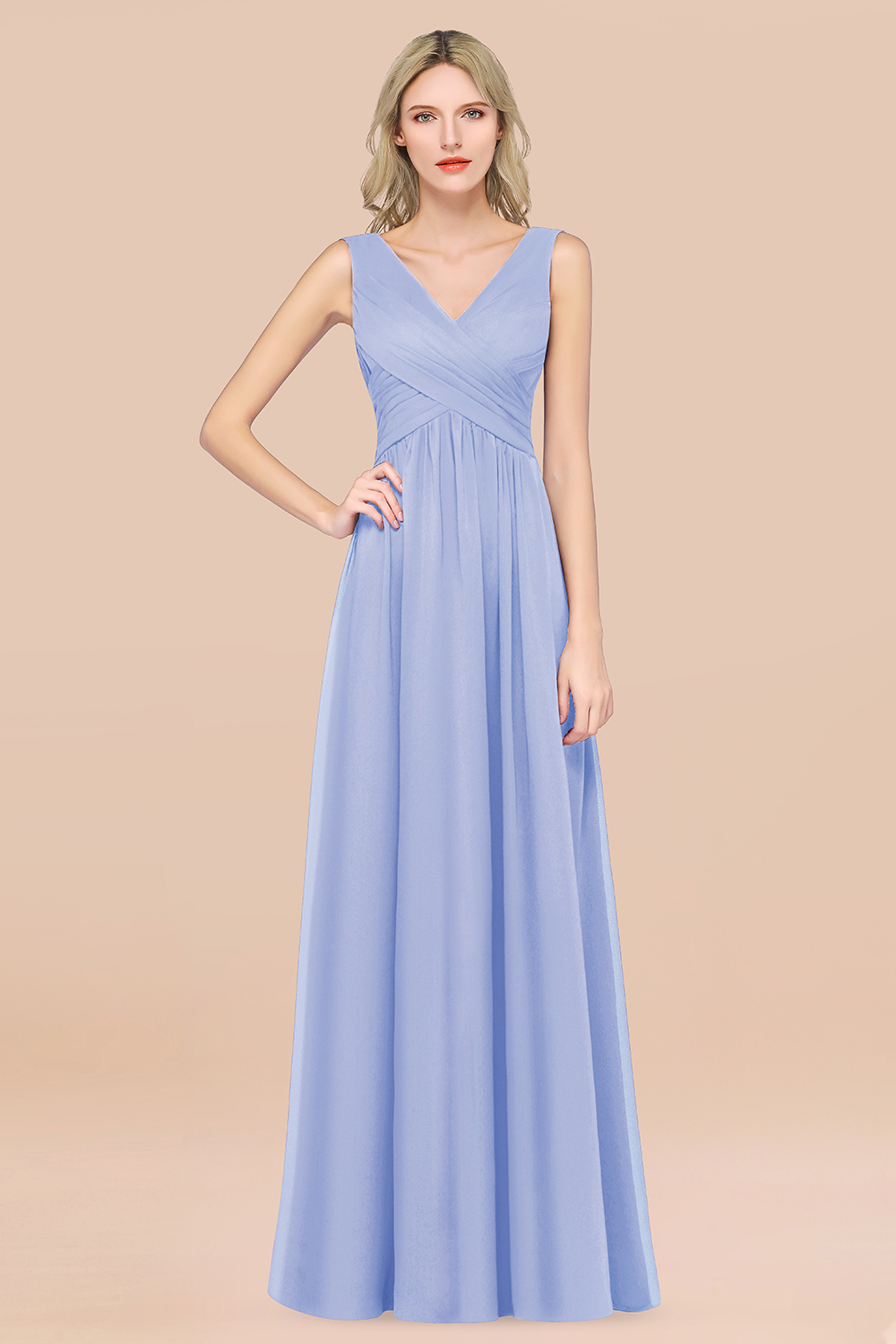 BMbridal Glamorous Chiffon V-Neck Sleeveless Burgundy Bridesmaid Dress with Draped Back-BMbridal