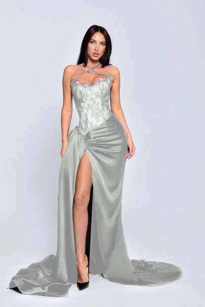 Black Halter Sleeveless Appliques Long Prom Dress With High Split