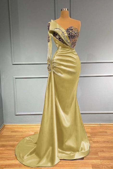 Dark Blue Long Sleeve One Shoulder Pleated Mermaid Prom Dress With Beadings