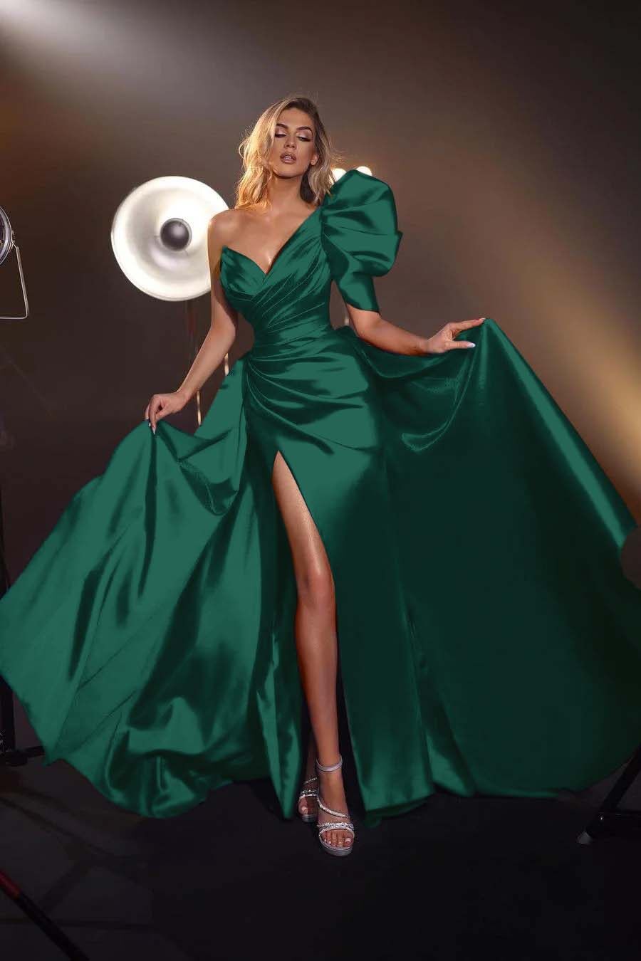 One Shoulder V Neck Sleeveless Long Split Prom Dress With Pleated