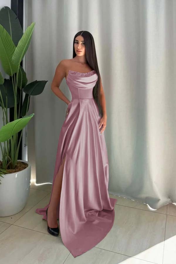 Strapless Sleeveless Long Split Prom Dress With Pleated Sequin