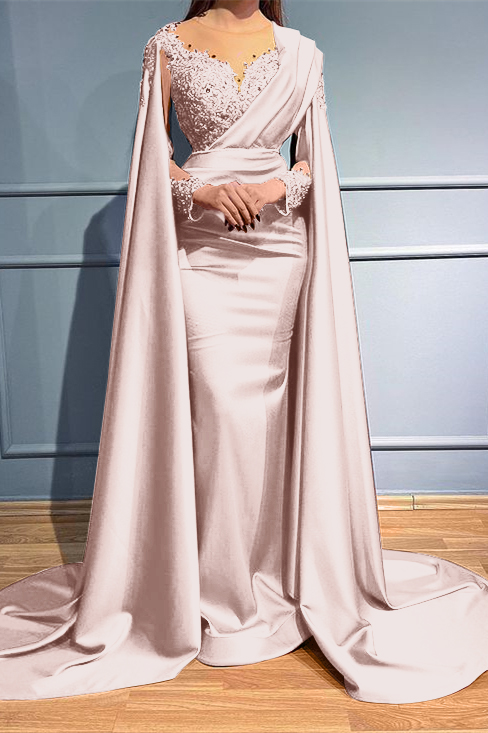Rust Long Sleeves Beads Appliques Mermaid Long Evening Dress With Ruffles