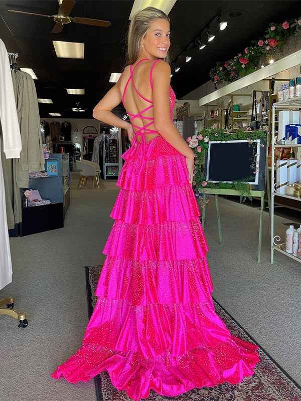 Glitter Fuchsia A-Line Spaghetti Ruffled Long Prom Dress with Slit