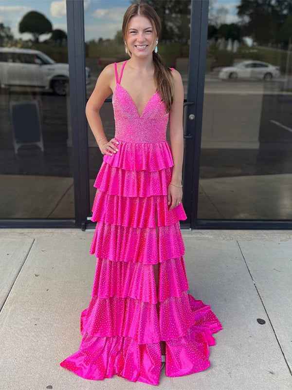 Glitter Fuchsia A-Line Spaghetti Ruffled Long Prom Dress with Slit