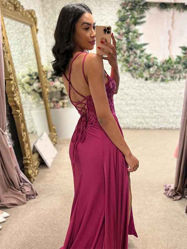 Fuchsia Mermaid Spaghetti Straps Long Prom Dress with Appliques