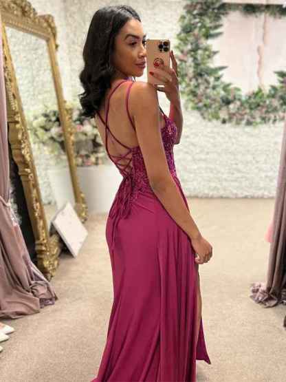 Fuchsia Mermaid Spaghetti Straps Long Prom Dress with Appliques