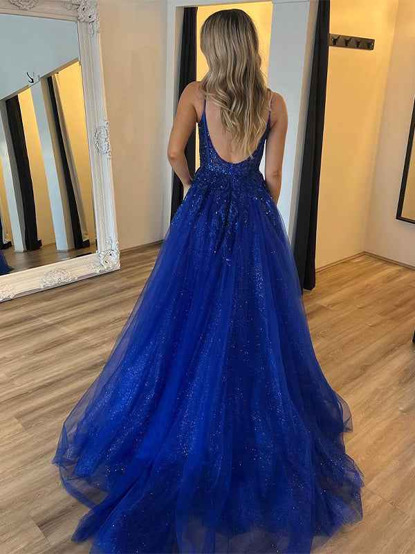 Royal Blue A-Line Spaghetti Straps Applique Prom Dress with Slit