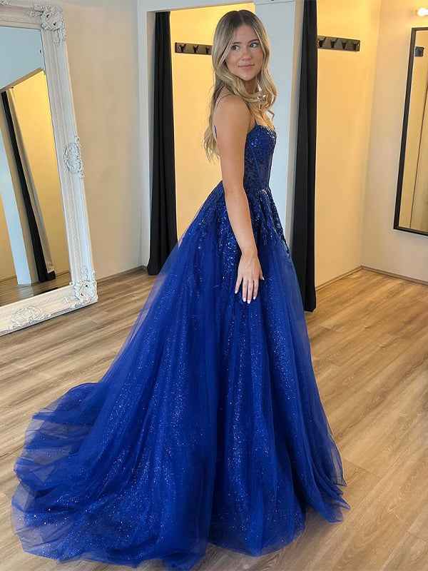 Royal Blue A-Line Spaghetti Straps Applique Prom Dress with Slit