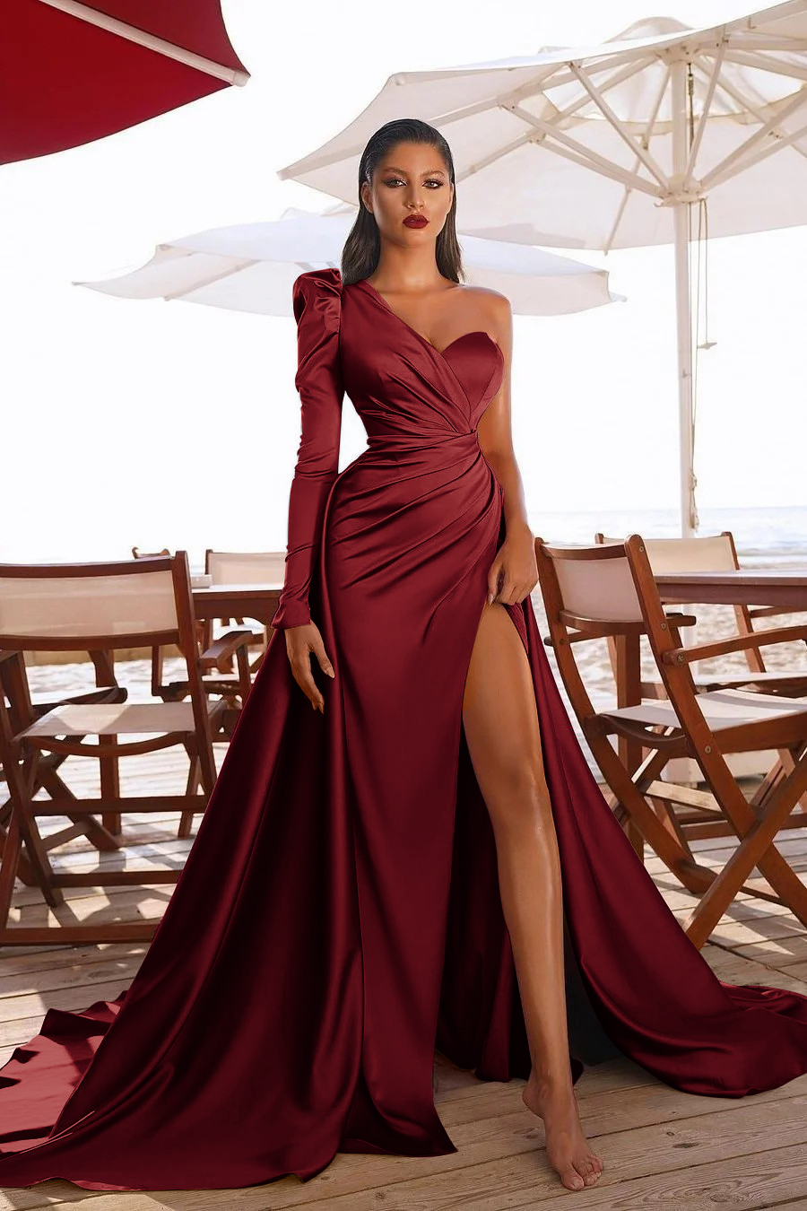 Glamorous One Shoulder Long Sleeve Long Pleated Prom Dress With High Split