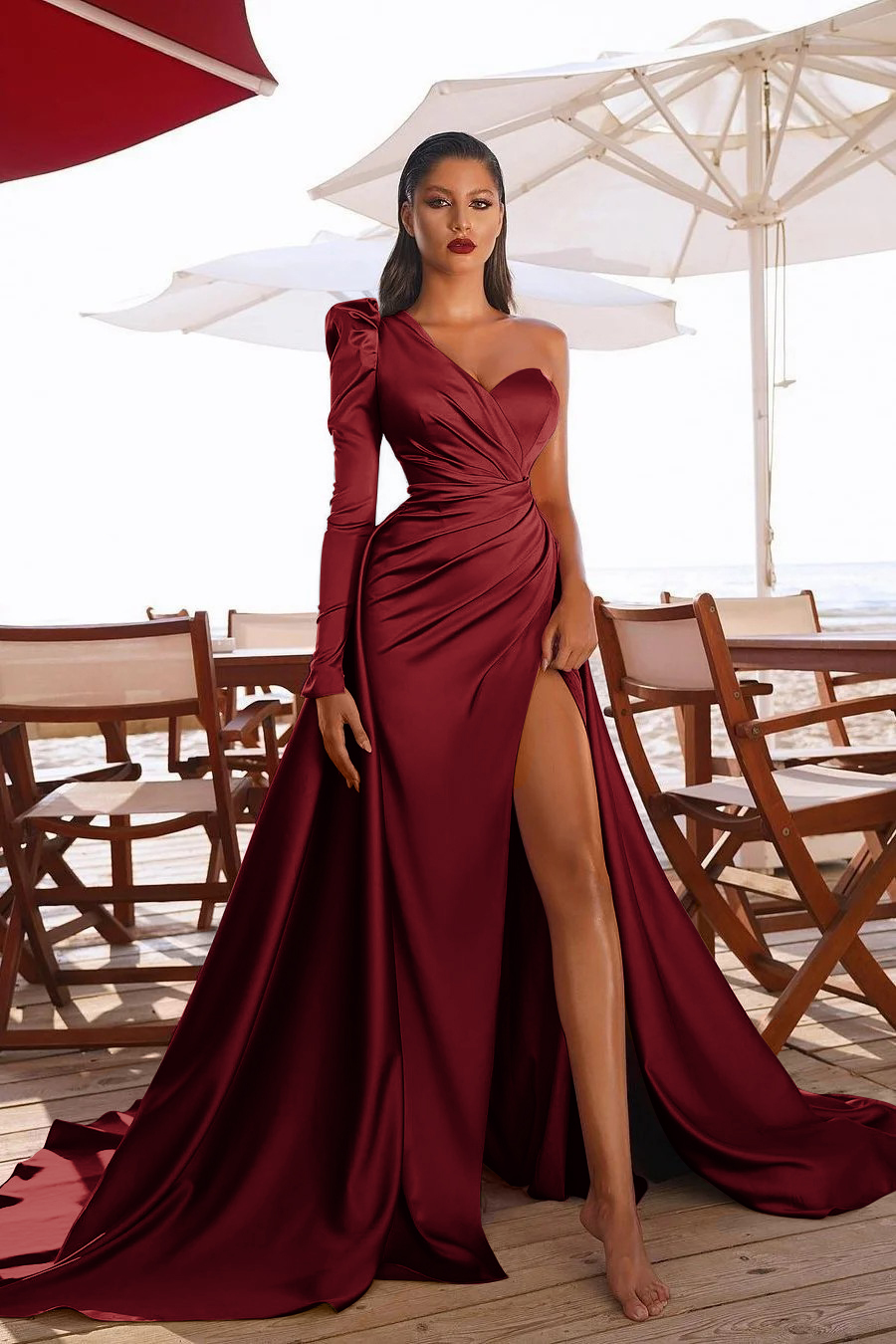 Glamorous One Shoulder Long Sleeve Long Pleated Prom Dress With High Split