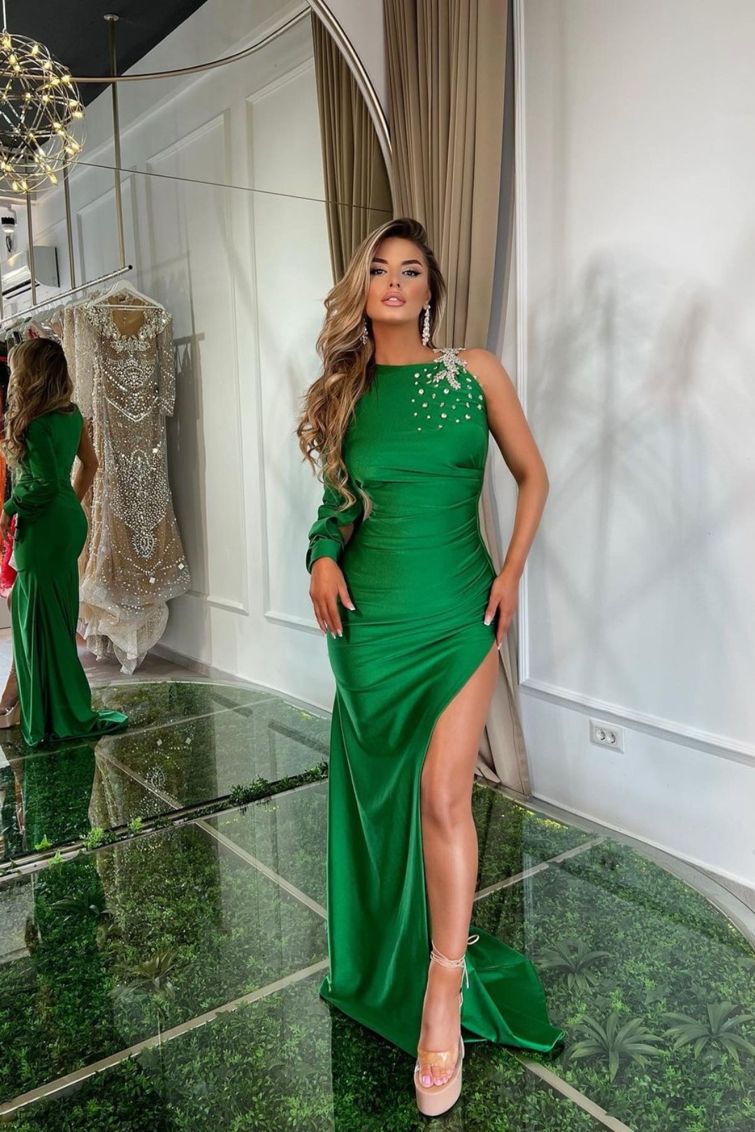 Green Satin With Split Prom Dress One Shoulder One Long Sleeve