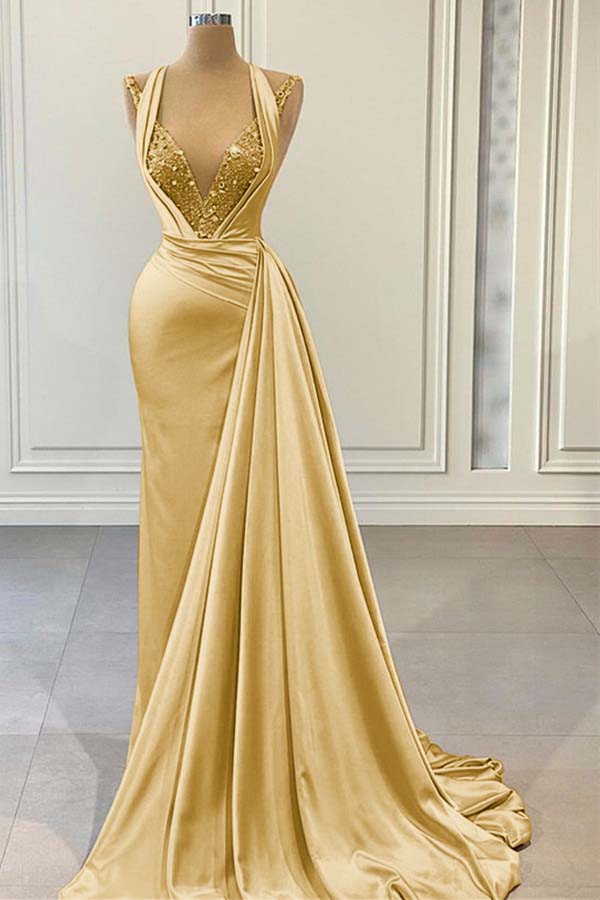 Halter V Neck Sleeveless Long Prom Dress With Beading Pleated