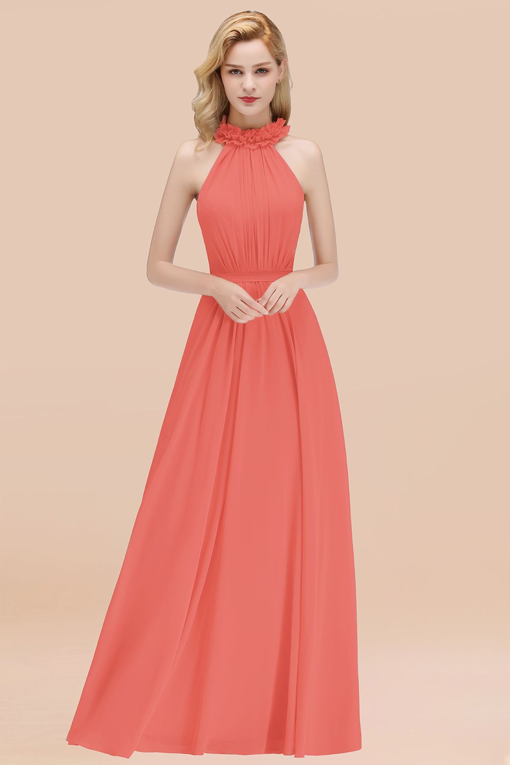 BMbridal Modest High-Neck Halter Ruffle Chiffon Bridesmaid Dresses Affordable-BMbridal