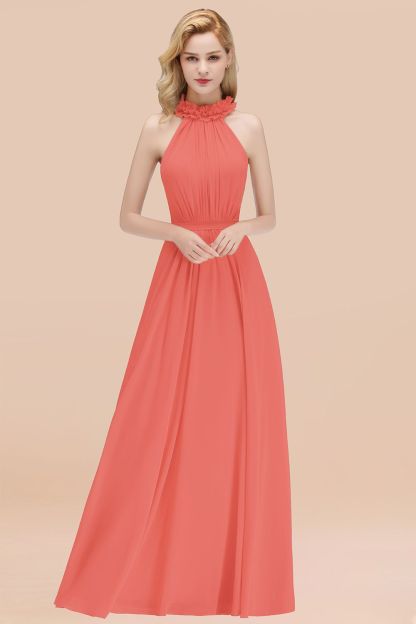 BMbridal Modest High-Neck Halter Ruffle Chiffon Bridesmaid Dresses Affordable-BMbridal