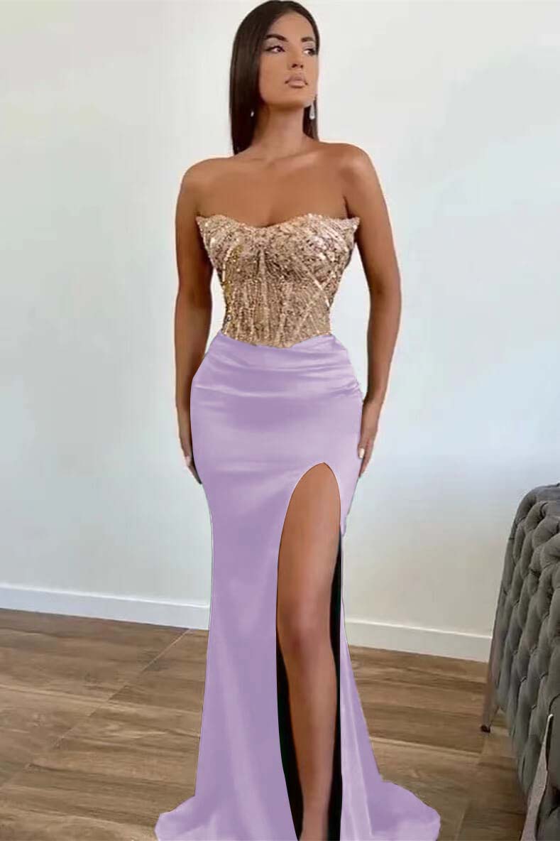 Green Appliques Beadings Mermaid Long Prom Dress Front Split With Strapless