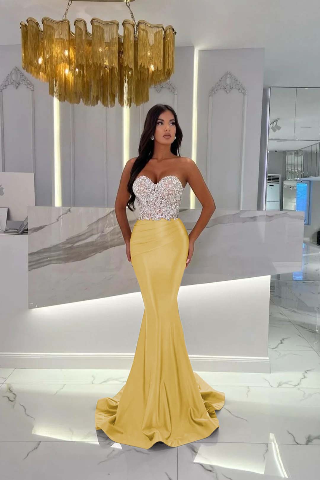 Prom Dress Satin Gold Sweetheart Sleeveless Strapless With Rhinstone Mermaid