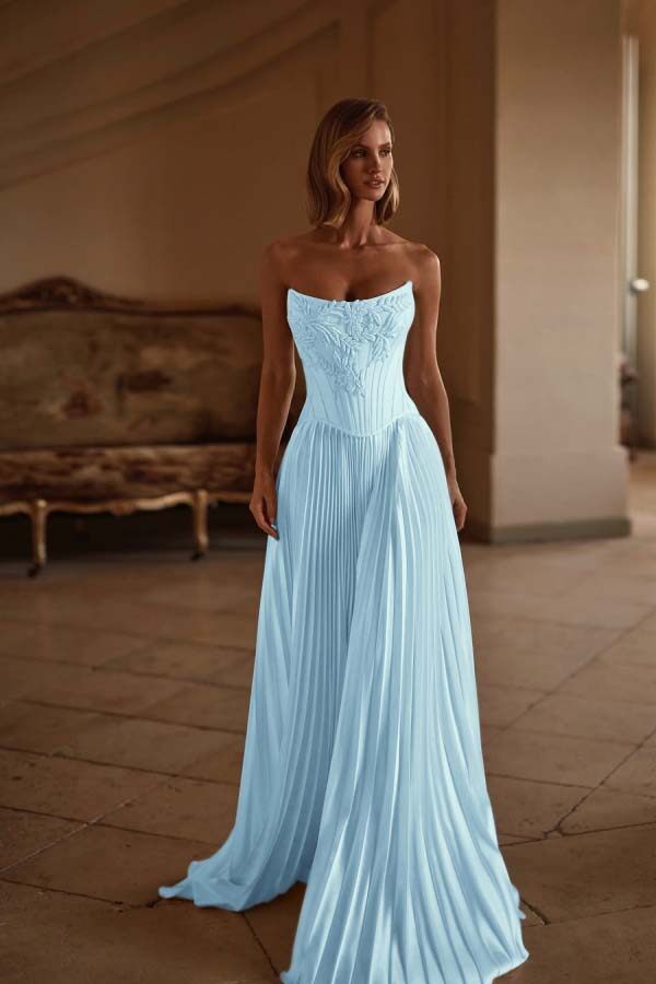 Strapless Sleeveless Long Prom Dress With Appliques Pleated