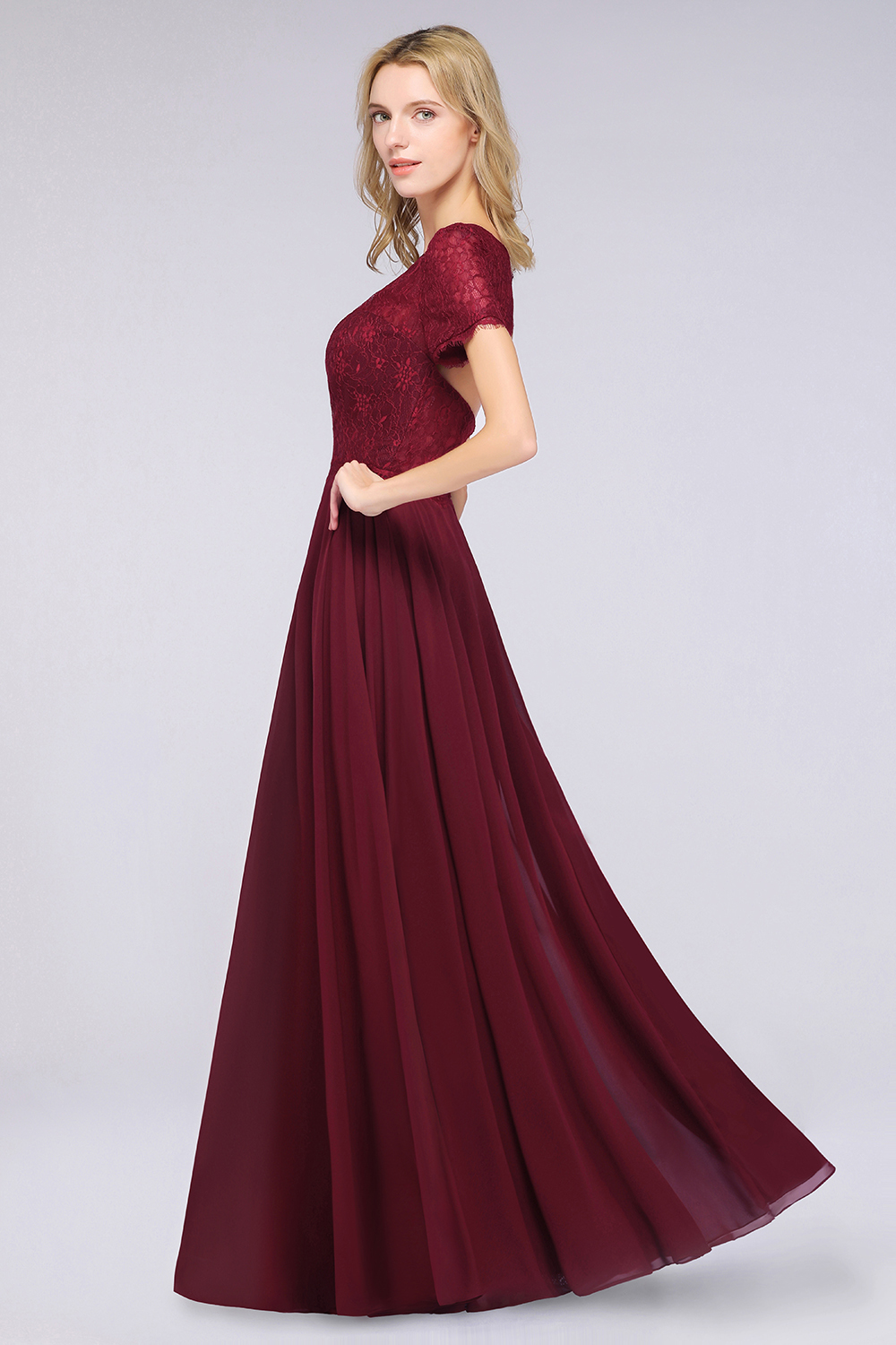 BMbridal Chic Lace Long Burgundy Backless Bridesmaid Dress With Short-Sleeves-BMbridal