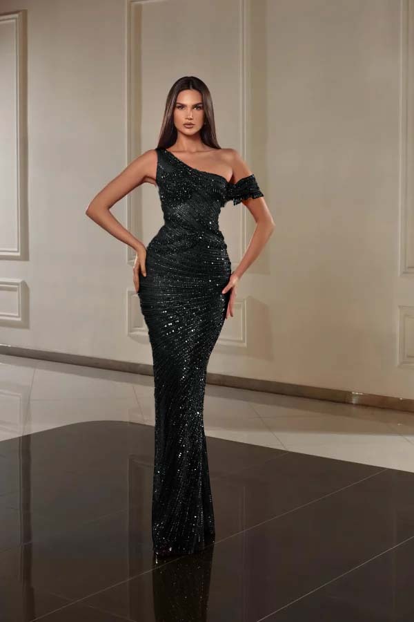 One Shoulder Sleeveless Long Mermaid Prom Dress With Beading