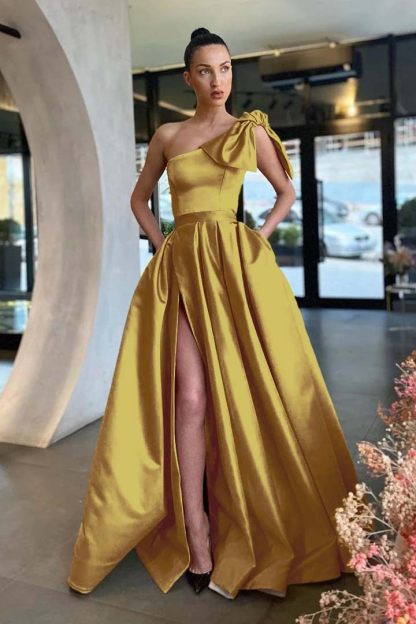 One Shoulder Sleeveless Long Split Prom Dress With Pockets Pleated