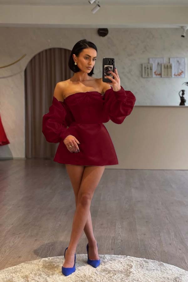 Spaghetti Strap Long Sleeves A Line Prom Dress With Beading